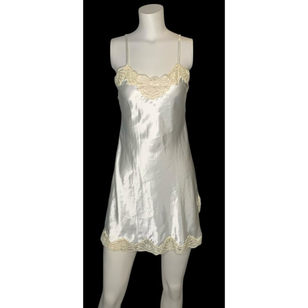 Vintage Fernando Sanchez White Silky Lace Chemise Slip Dress Nightgown Lingerie
